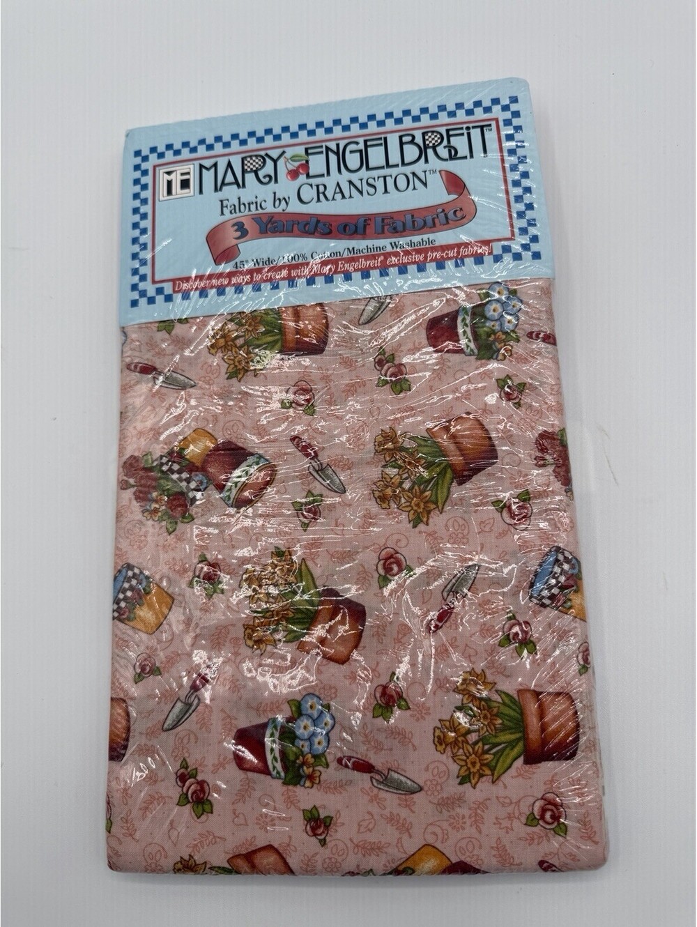 VTG Mary Engelbreit Fabric Cranston 3 Yards Pink Flower Pot Garden Cotton NEW
